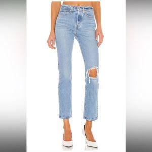 Levi’s High Waisted Light Wash Denim Jeans Ripped Knee, Straight Leg, Button Fly